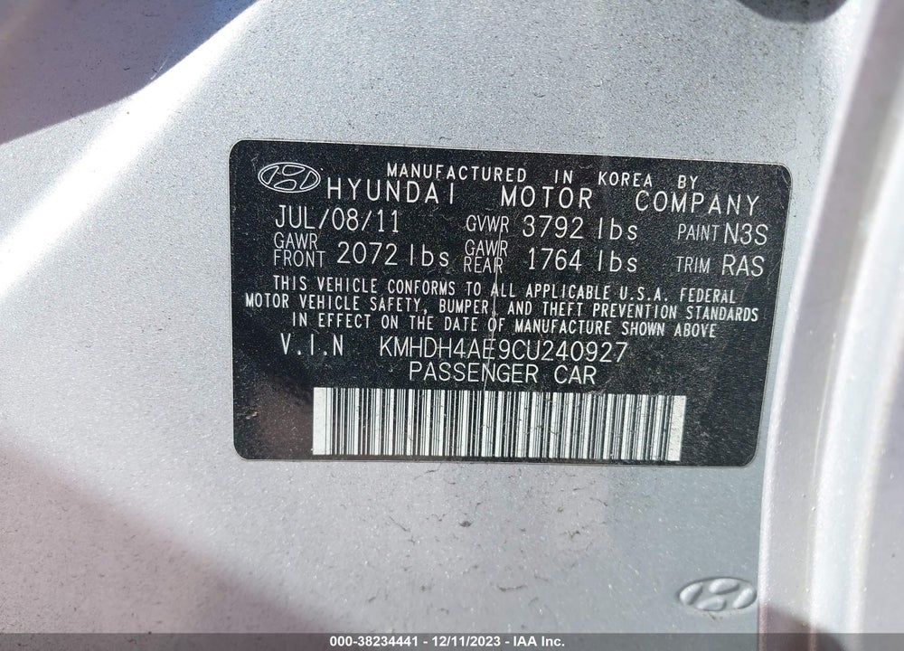 2012 HYUNDAI ELANTRA GLS (ULSAN PLANT) VIN: KMHDH4AE9CU240927