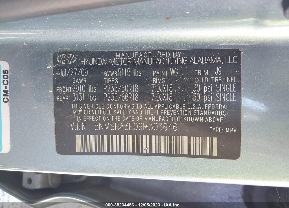 2009 HYUNDAI SANTA FE LIMITED VIN: 5NMSH13E09H303646