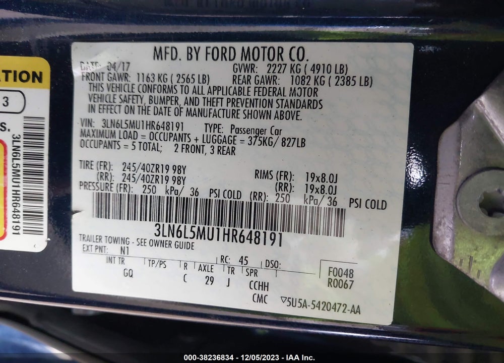 2017 LINCOLN MKZ HYBRID RESERVE VIN: 3LN6L5MU1HR648191