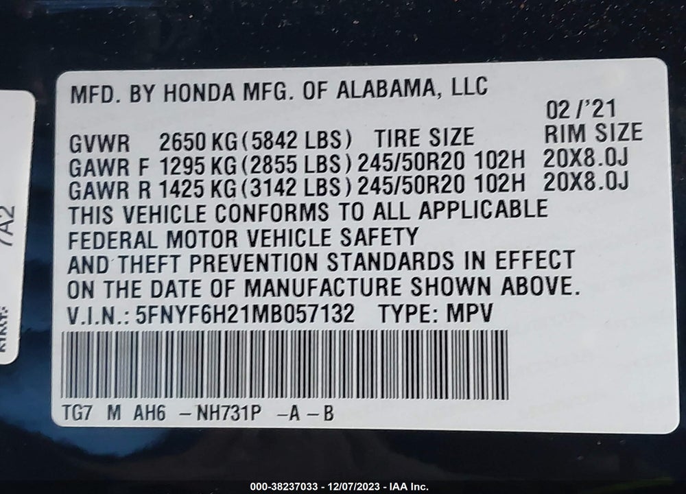 2021 HONDA PILOT SPECIAL EDITION VIN: 5FNYF6H21MB057132