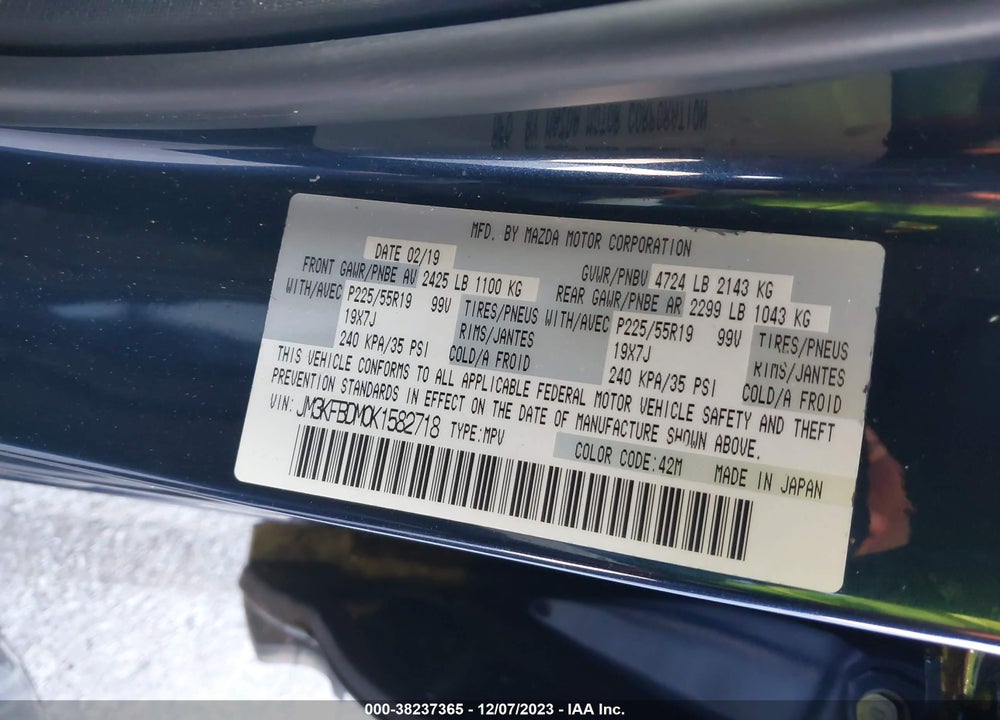2019 MAZDA CX-5 GRAND TOURING VIN: JM3KFBDM0K1582718