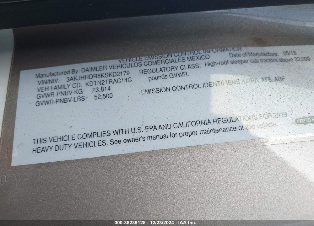 2019 FREIGHTLINER CASCADIA 126 VIN: 3AKJHHDR8KSKD2179