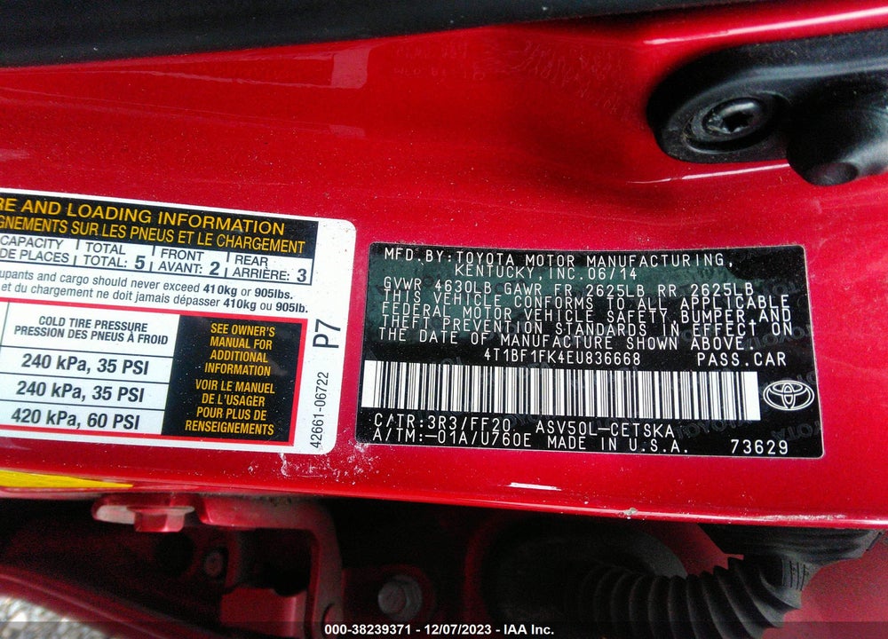 2014 TOYOTA CAMRY SE VIN: 4T1BF1FK4EU836668