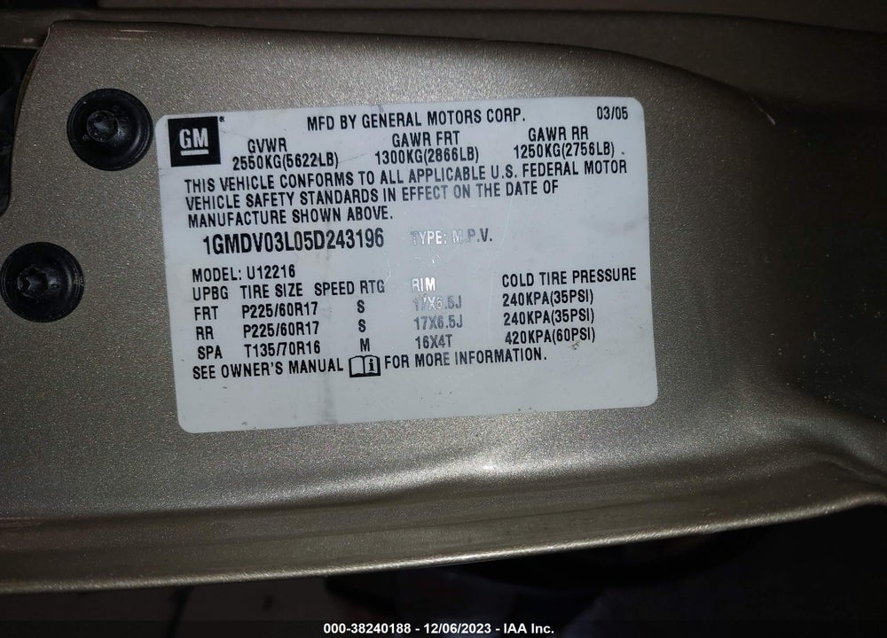2005 PONTIAC MONTANA SV6 FWD VIN: 1GMDV03L05D243196