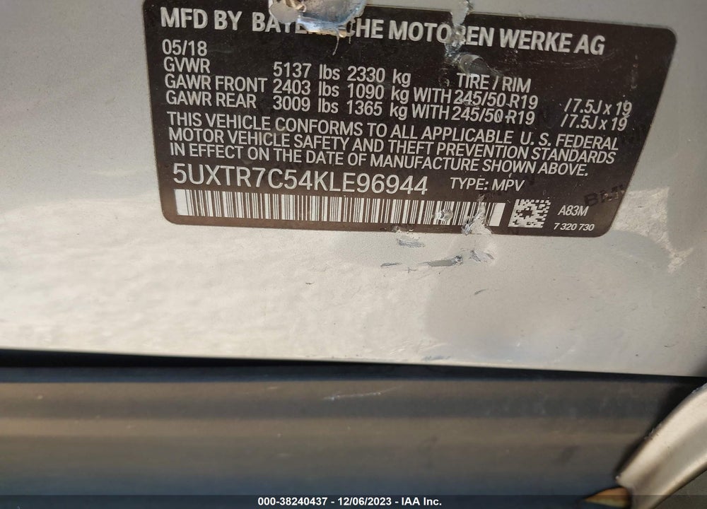 2019 BMW X3 SDRIVE30I VIN: 5UXTR7C54KLE96944