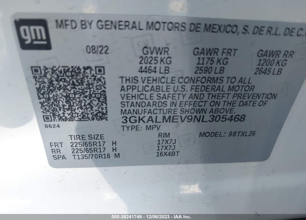 2022 GMC TERRAIN FWD SLE VIN: 3GKALMEV9NL305468