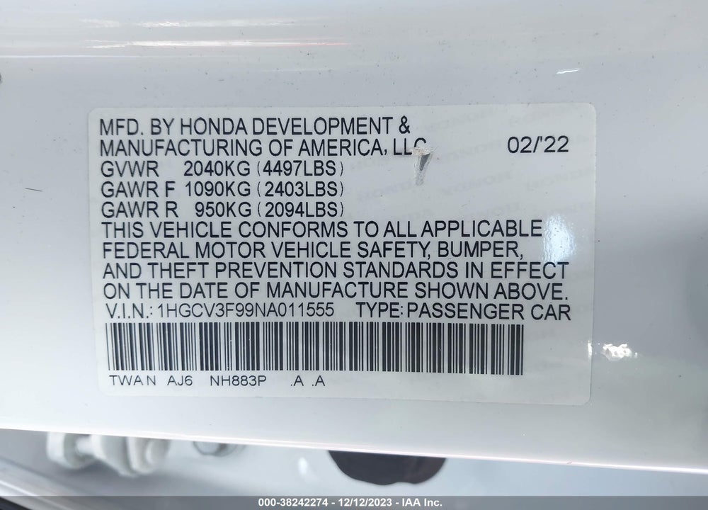 2022 HONDA ACCORD HYBRID TOURING VIN: 1HGCV3F99NA011555