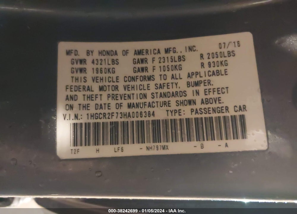 2017 HONDA ACCORD EX VIN: 1HGCR2F73HA006384