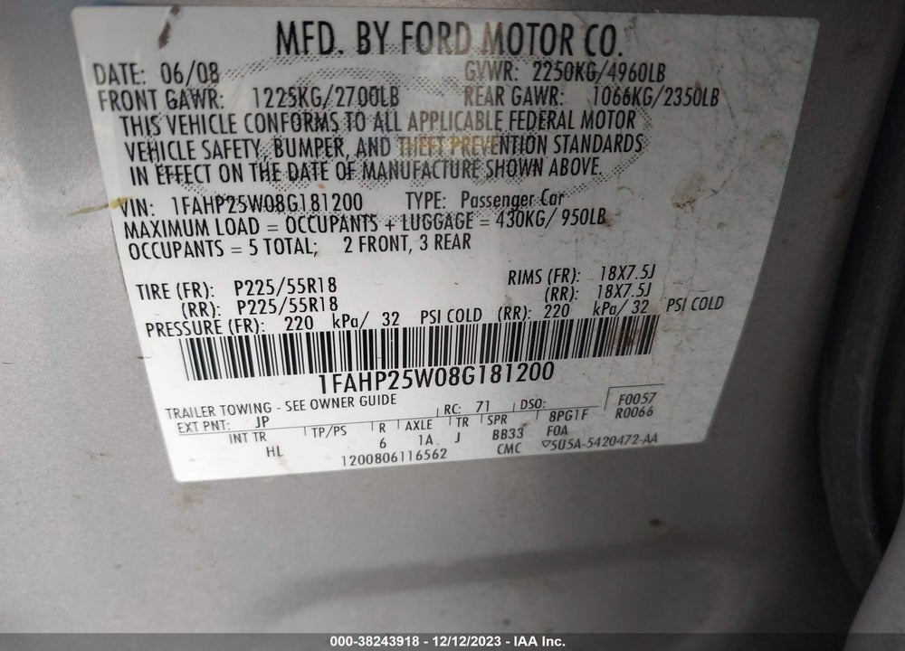 2008 FORD TAURUS LIMITED VIN: 1FAHP25W08G181200