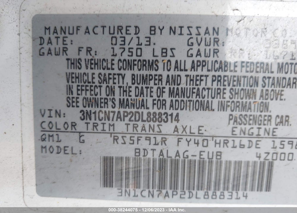 2013 NISSAN VERSA 1.6 S+ VIN: 3N1CN7AP2DL888314