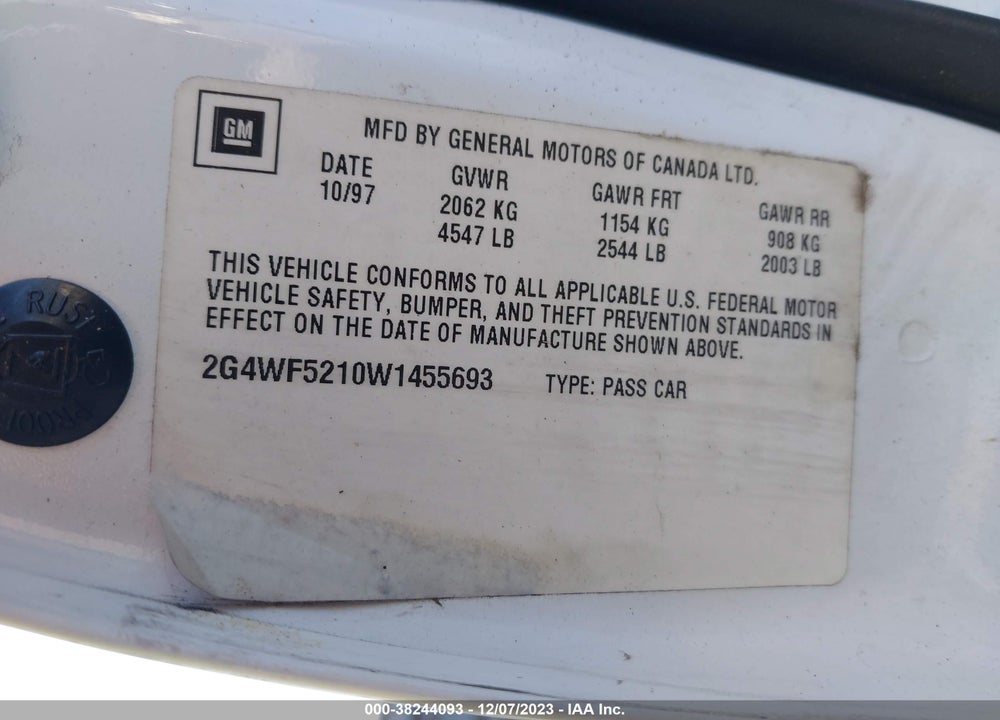 1998 BUICK REGAL VIN: 2G4WF5210W1455693