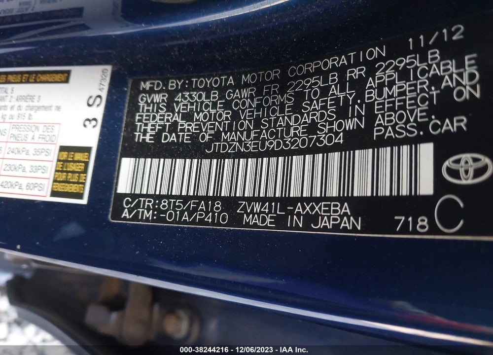 2013 TOYOTA PRIUS V THREE VIN: JTDZN3EU9D3207304