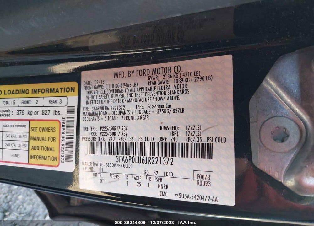 2018 FORD FUSION HYBRID SE VIN: 3FA6P0LU6JR221372
