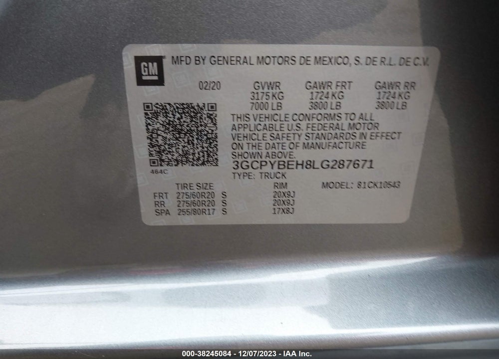 2020 CHEVROLET SILVERADO 1500 4WD SHORT BED CUSTOM VIN: 3GCPYBEH8LG287671