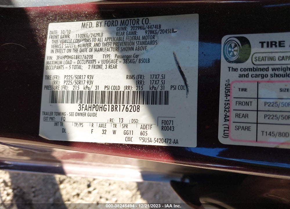 2011 FORD FUSION SE VIN: 3FAHP0HG1BR176208