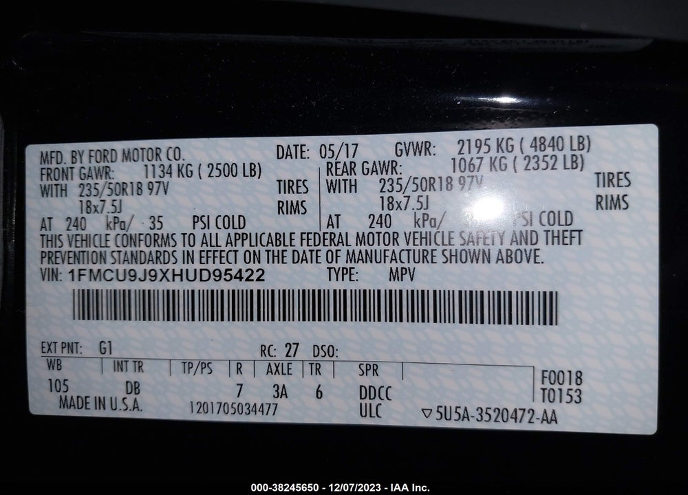 2017 FORD ESCAPE TITANIUM VIN: 1FMCU9J9XHUD95422
