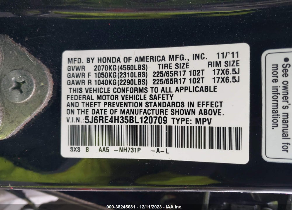 2011 HONDA CR-V LX VIN: 5J6RE4H35BL120709