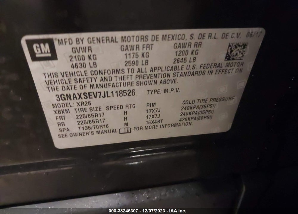 2018 CHEVROLET EQUINOX LT VIN: 3GNAXSEV7JL118526