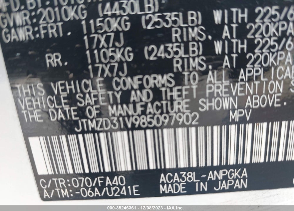 2008 TOYOTA RAV4 LIMITED VIN: JTMZD31V985097902