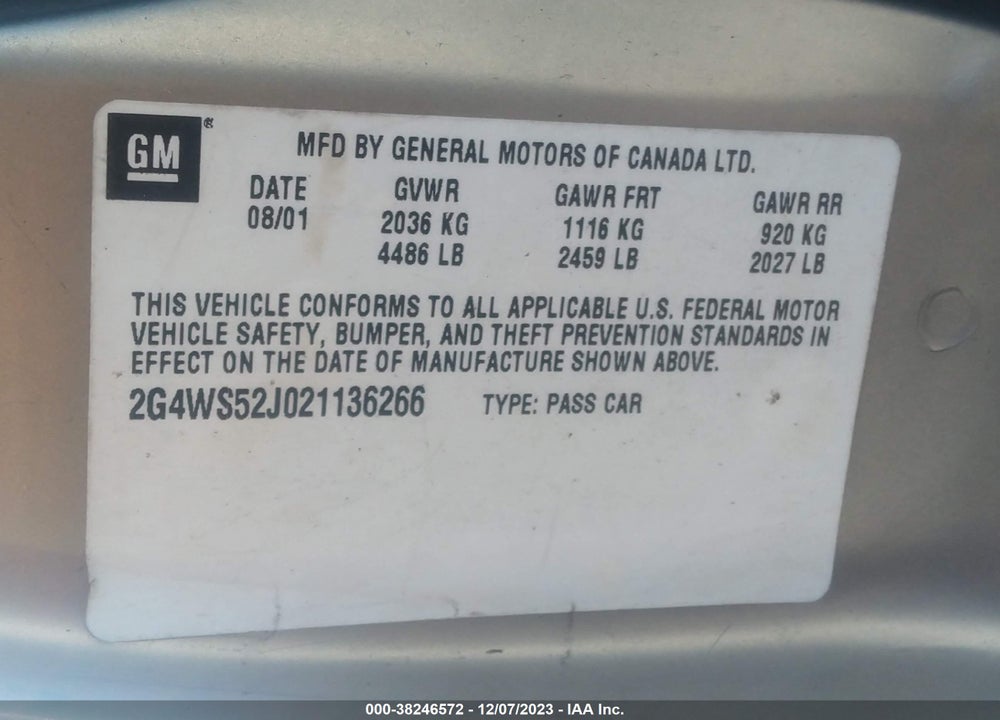 2002 BUICK CENTURY CUSTOM VIN: 2G4WS52J021136266