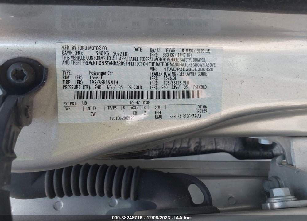 2013 FORD FOCUS S VIN: 1FADP3E28DL380420