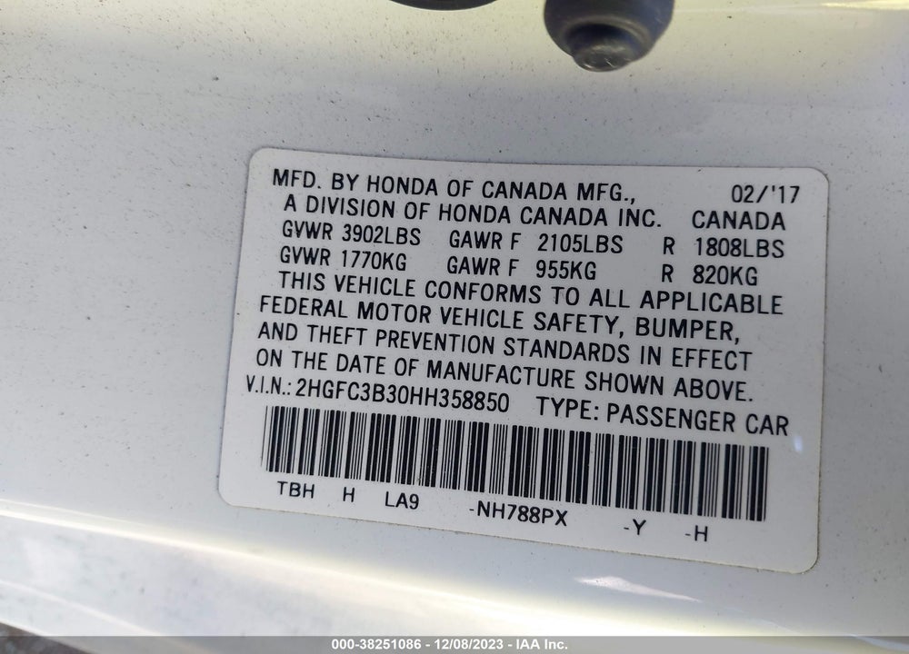 2017 HONDA CIVIC EX-T VIN: 2HGFC3B30HH358850
