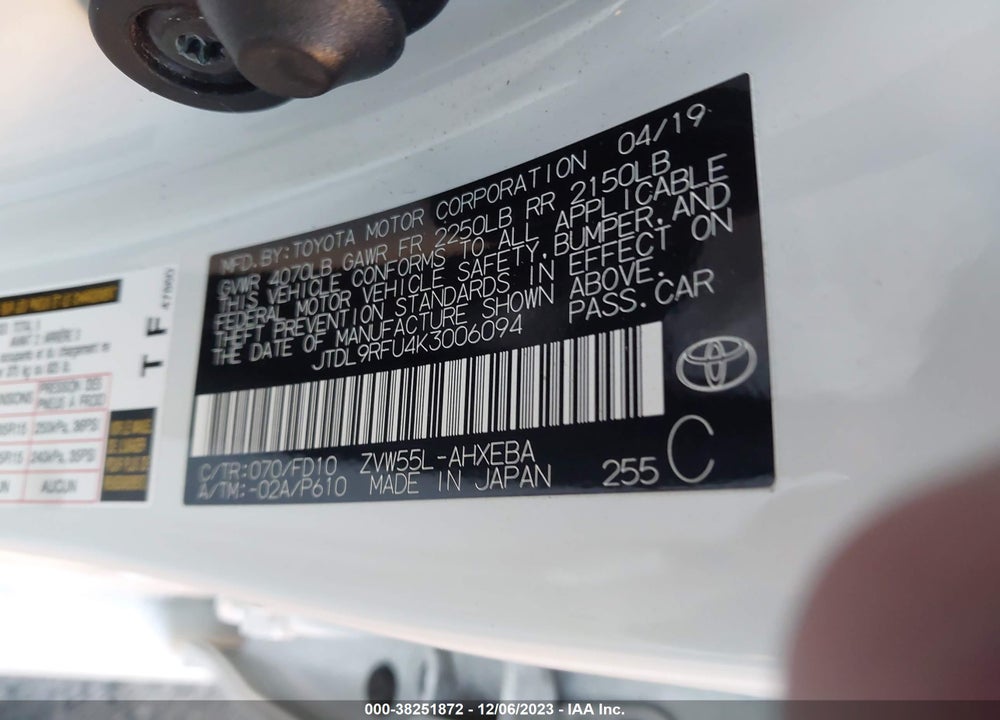 2019 TOYOTA PRIUS LE VIN: JTDL9RFU4K3006094
