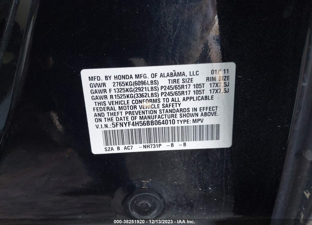 2011 HONDA PILOT EX-L VIN: 5FNYF4H56BB064010