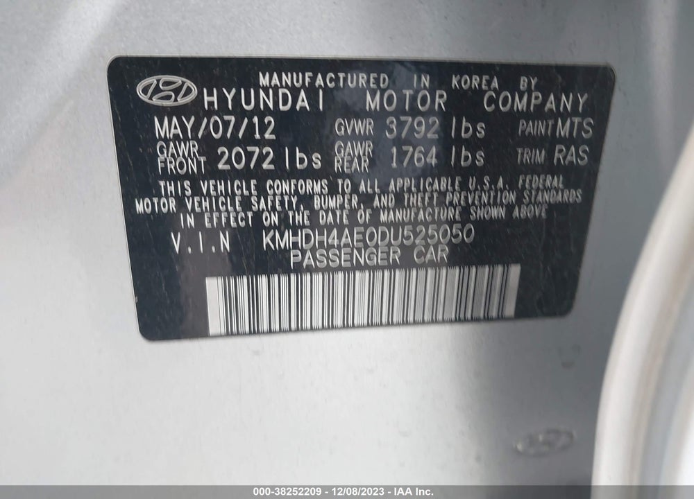 2013 HYUNDAI ELANTRA LIMITED (ULSAN PLANT) VIN: KMHDH4AE0DU525050