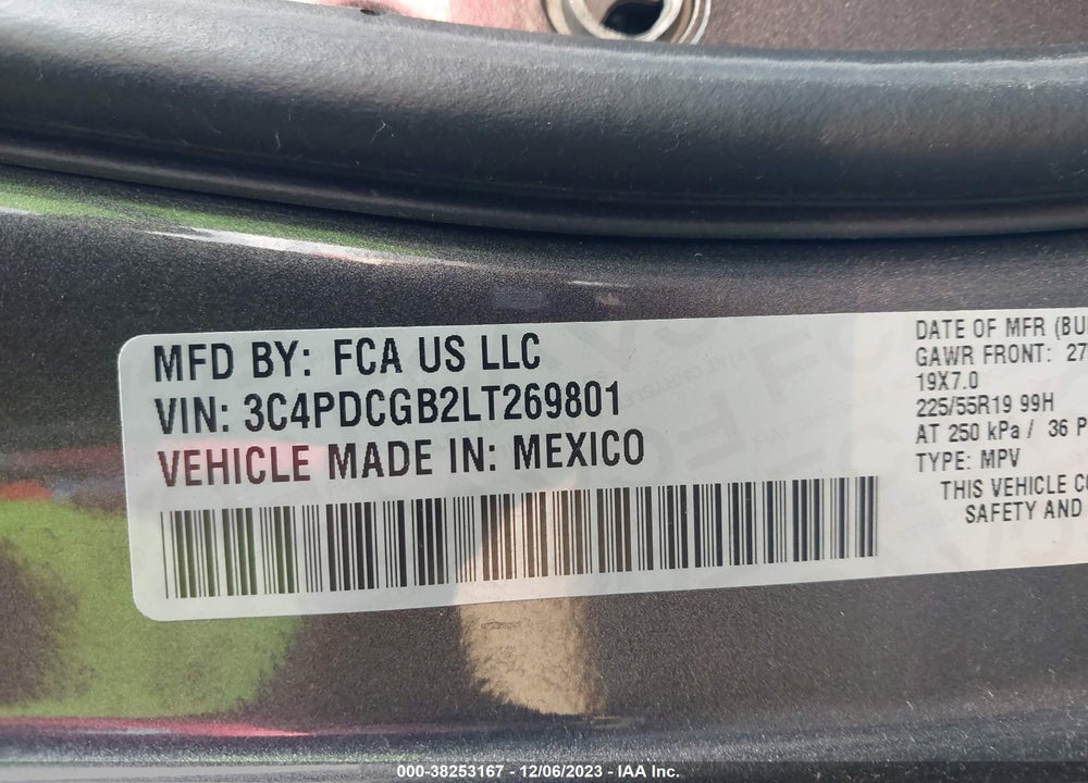 2020 DODGE JOURNEY VIN: 3C4PDCGB2LT269801