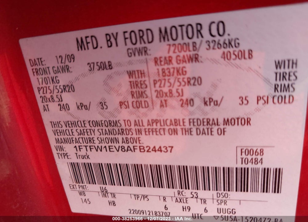 2010 FORD F-150 VIN: 1FTFW1EV8AFB24437