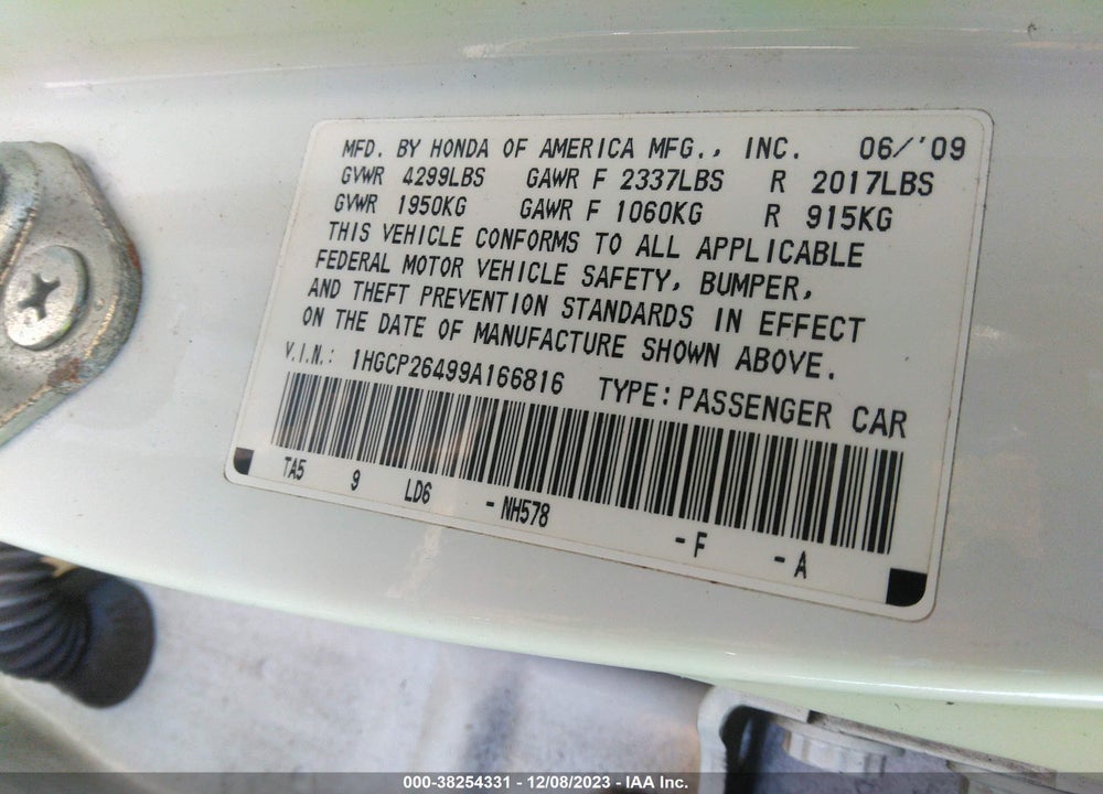 2009 HONDA ACCORD 2.4 LX-P VIN: 1HGCP26499A166816