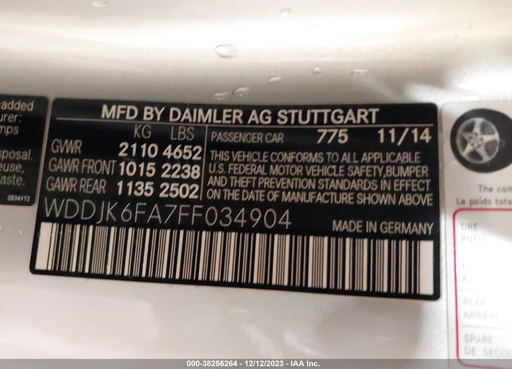 2015 MERCEDES-BENZ SL 400 VIN: WDDJK6FA7FF034904