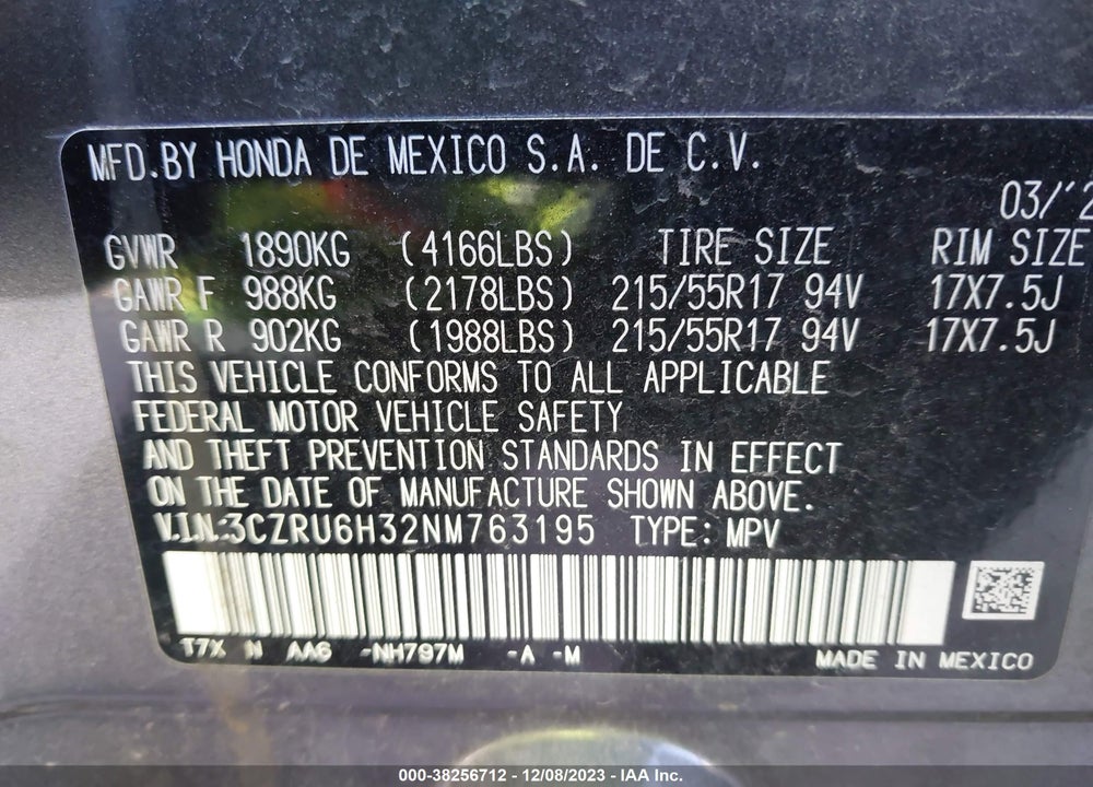 2022 HONDA HR-V AWD LX VIN: 3CZRU6H32NM763195