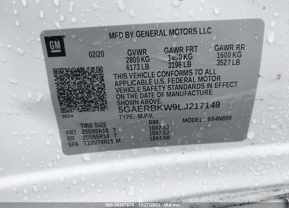 2020 BUICK ENCLAVE FWD ESSENCE VIN: 5GAERBKW9LJ217149