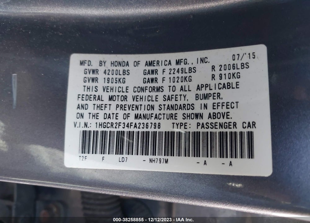 2015 HONDA ACCORD LX VIN: 1HGCR2F34FA236798