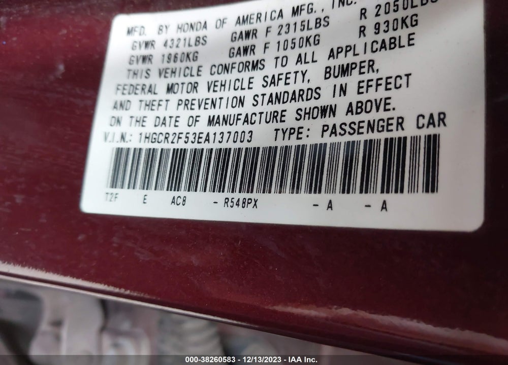 2014 HONDA ACCORD SPORT VIN: 1HGCR2F53EA137003