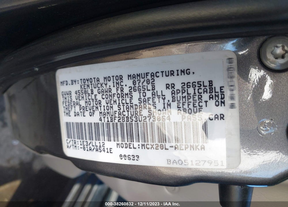 2003 TOYOTA AVALON VIN: 4T1BF28B53U273064