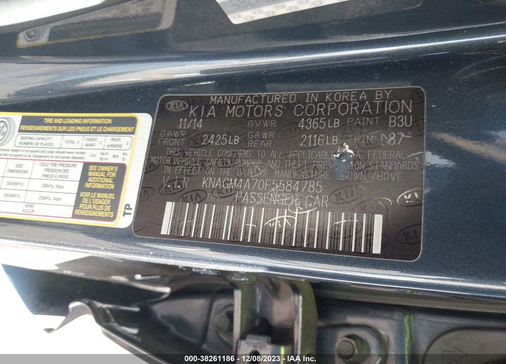 2015 KIA OPTIMA LX VIN: KNAGM4A70F5584785
