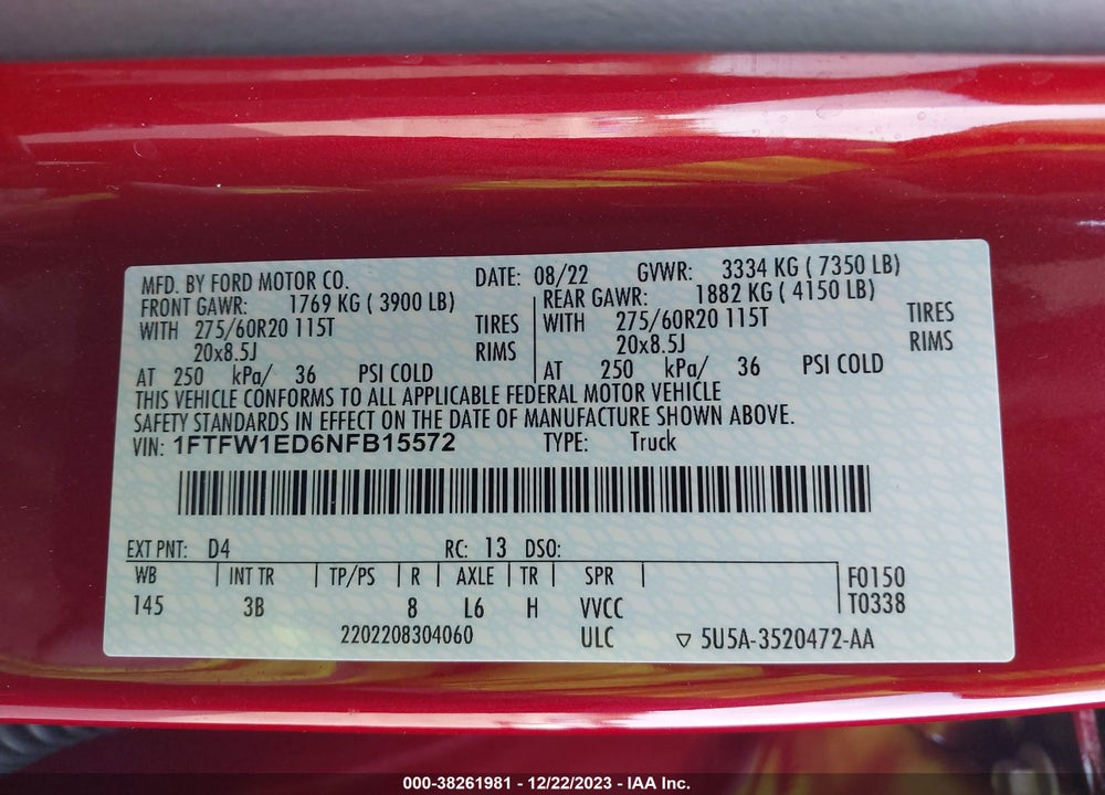 2022 FORD F-150 PLATINUM VIN: 1FTFW1ED6NFB15572
