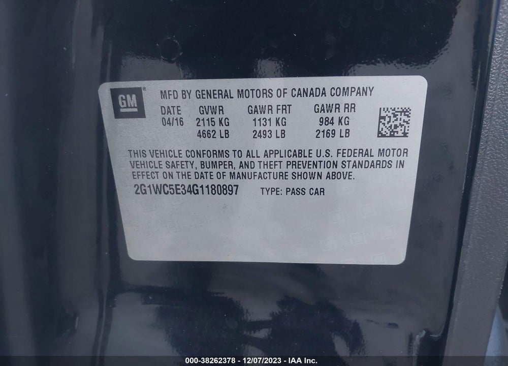 2016 CHEVROLET IMPALA LIMITED LTZ VIN: 2G1WC5E34G1180897