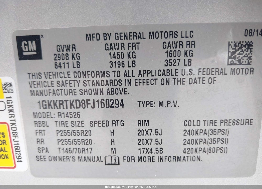 2015 GMC ACADIA DENALI VIN: 1GKKRTKD8FJ160294