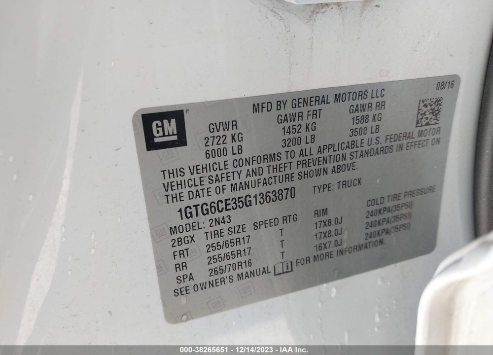 2016 GMC CANYON SLE VIN: 1GTG6CE35G1363870