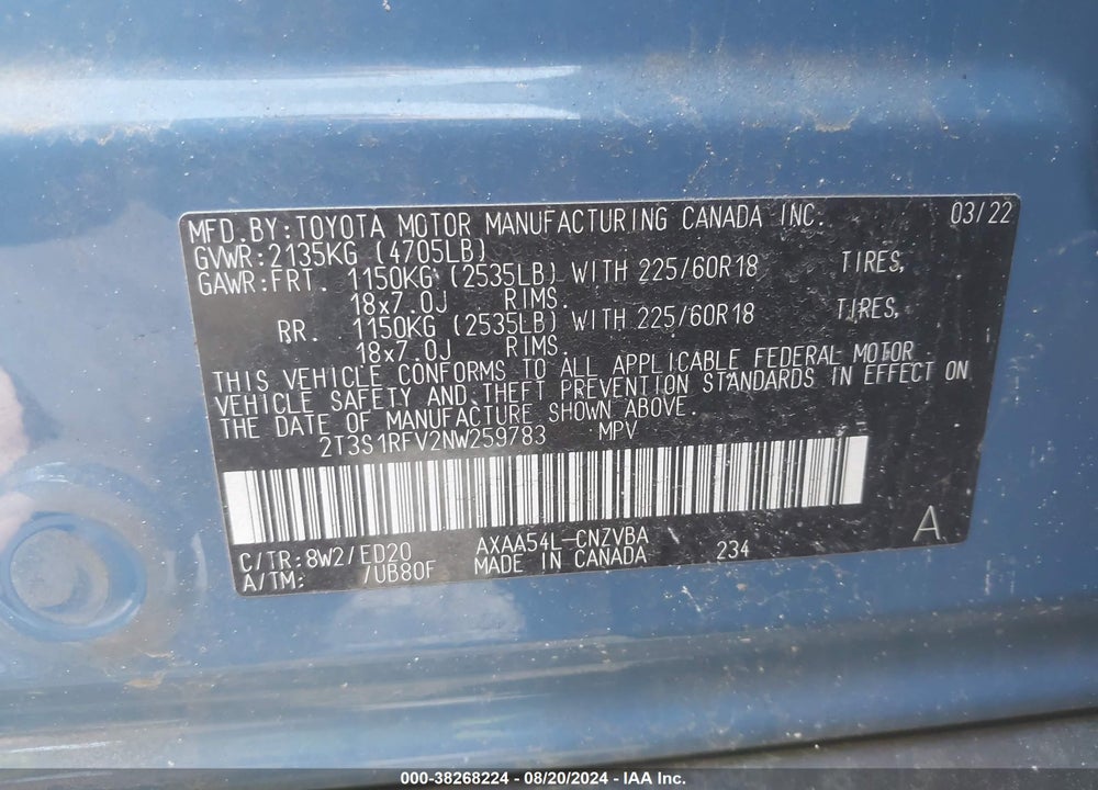 2022 TOYOTA RAV4 TRD OFF ROAD VIN: 2T3S1RFV2NW259783