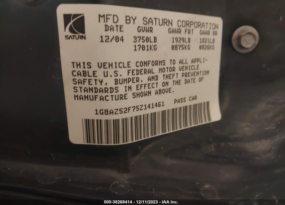 2005 SATURN ION 2 VIN: 1G8AZ52F75Z141461