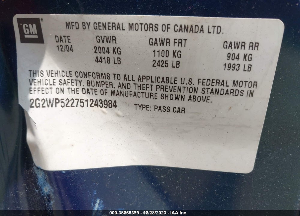 2005 PONTIAC GRAND PRIX VIN: 2G2WP522751243984