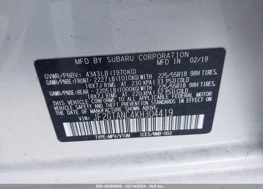 2019 SUBARU CROSSTREK 2.0I LIMITED VIN: JF2GTANC4KH304419
