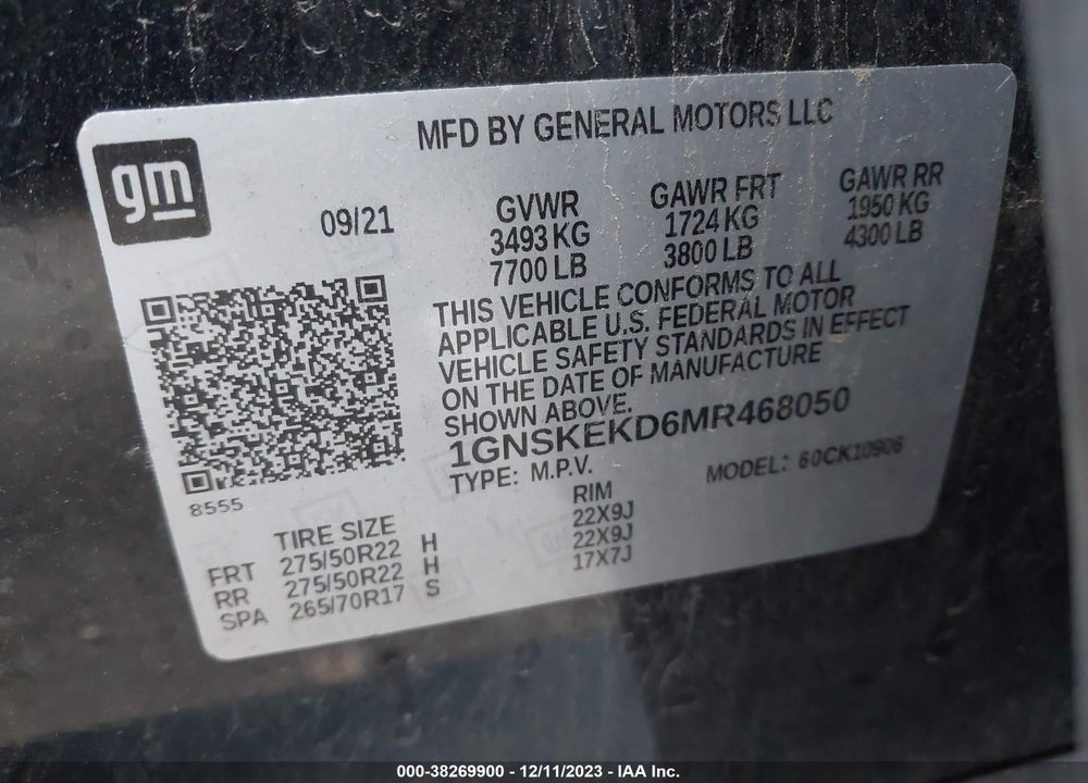 2021 CHEVROLET SUBURBAN RST VIN: 1GNSKEKD6MR468050