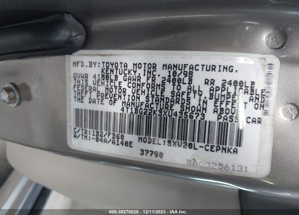 1999 TOYOTA CAMRY LE VIN: 4T1BG22K3XU435673