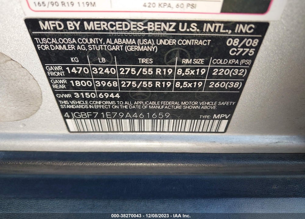 2009 MERCEDES-BENZ GL 450 4MATIC VIN: 4JGBF71E79A461659